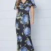 Occasion Floral Satin Twist Angel Sleeve Midi Dress