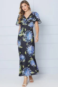 Occasion Floral Satin Twist Angel Sleeve Midi Dress