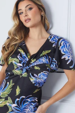 Occasion Floral Satin Twist Angel Sleeve Midi Dress