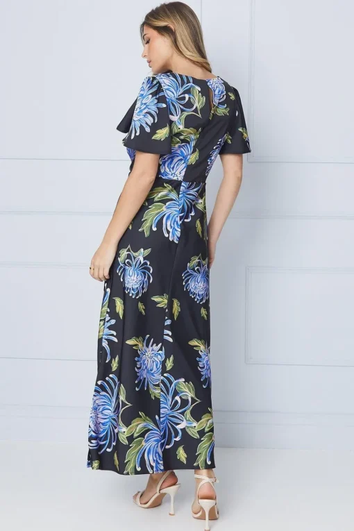 Occasion Floral Satin Twist Angel Sleeve Midi Dress