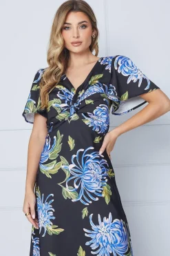 Occasion Floral Satin Twist Angel Sleeve Midi Dress