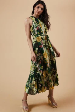 Occasion Floral Stripe Pleated Midi Dress
