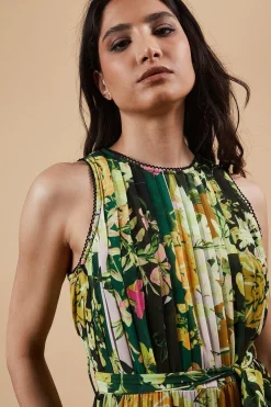 Occasion Floral Stripe Pleated Midi Dress