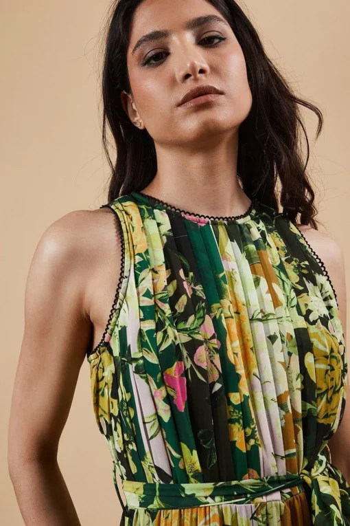 Occasion Floral Stripe Pleated Midi Dress