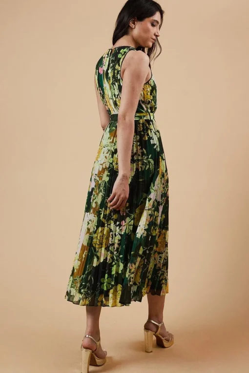 Occasion Floral Stripe Pleated Midi Dress