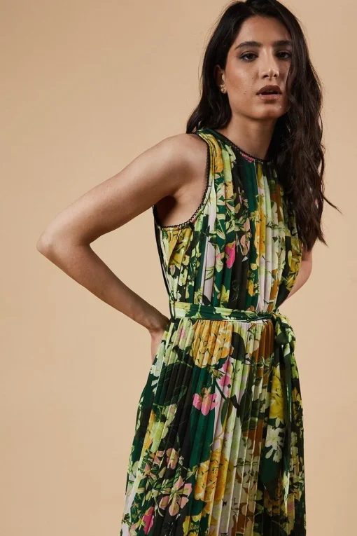 Occasion Floral Stripe Pleated Midi Dress