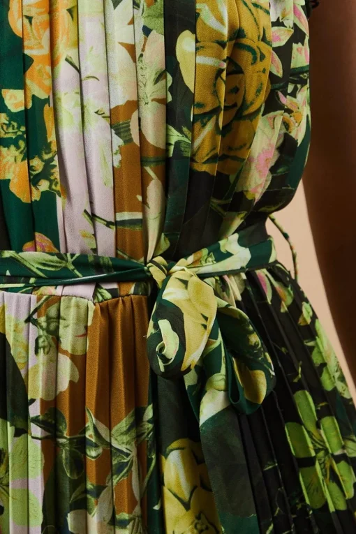 Occasion Floral Stripe Pleated Midi Dress