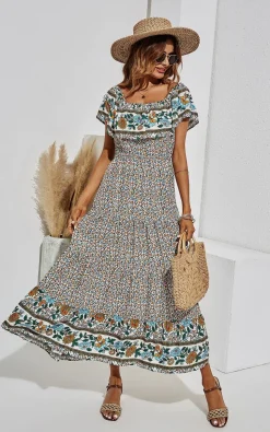 Off Shoulder Hem Detail Floral Print Midi Dress In Beige