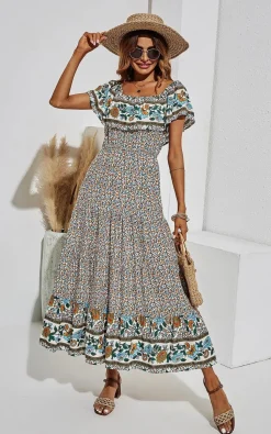 Off Shoulder Hem Detail Floral Print Midi Dress In Beige