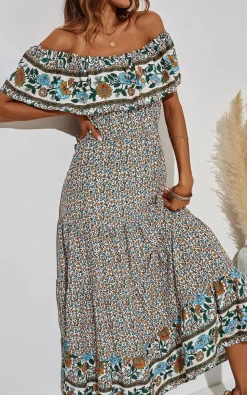 Off Shoulder Hem Detail Floral Print Midi Dress In Beige