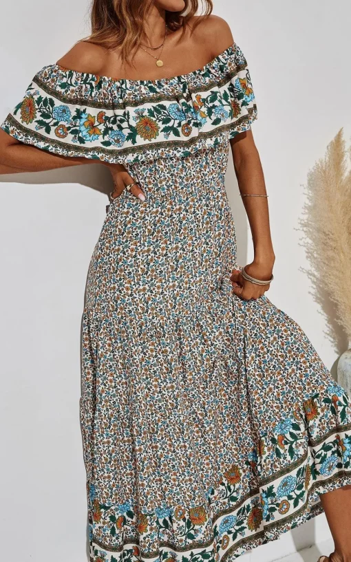 Off Shoulder Hem Detail Floral Print Midi Dress In Beige
