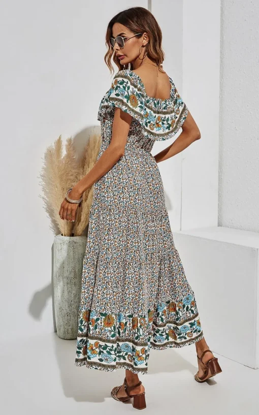 Off Shoulder Hem Detail Floral Print Midi Dress In Beige