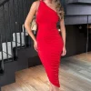 One Shoulder Asymmetric Hem Ruched Midi Dress