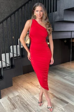 One Shoulder Asymmetric Hem Ruched Midi Dress
