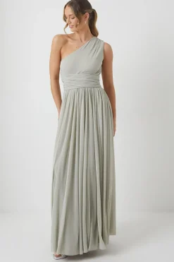 One Shoulder Wrap Waist Stretch Mesh Bridesmaid Dress