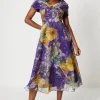 Organza Print Pleat Cape Detail Midi Dress