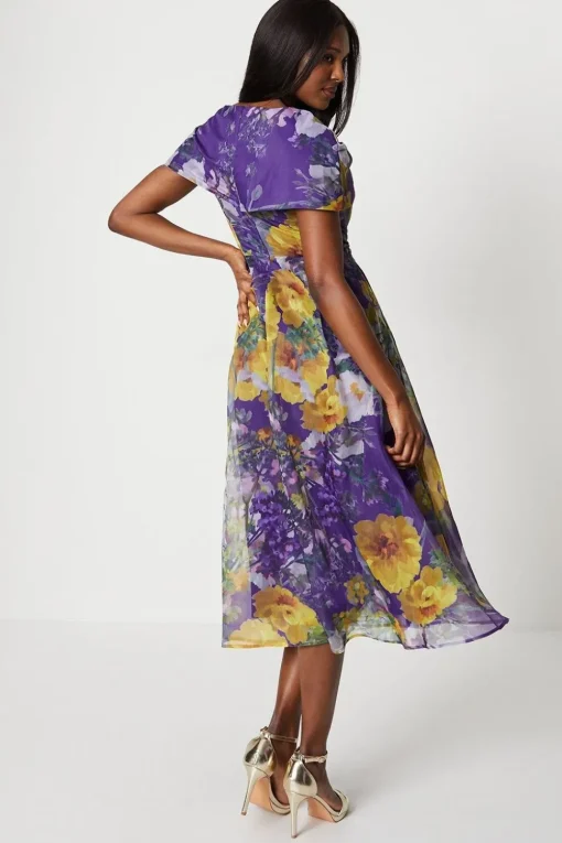 Organza Print Pleat Cape Detail Midi Dress