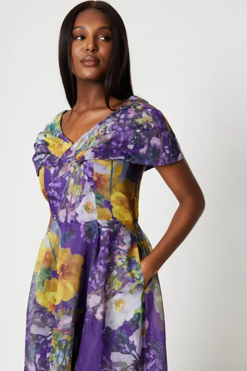 Organza Print Pleat Cape Detail Midi Dress