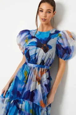 Organza Puff Sleeve Midi Dress