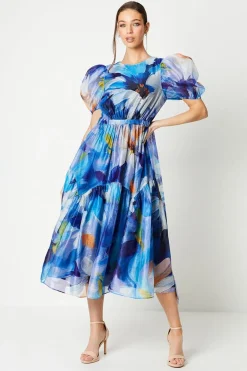 Organza Puff Sleeve Midi Dress