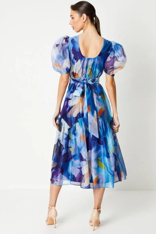 Organza Puff Sleeve Midi Dress