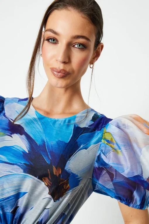Organza Puff Sleeve Midi Dress