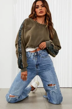 Oversized Sequin Detail Cropped Sweatshirt In Khaki
