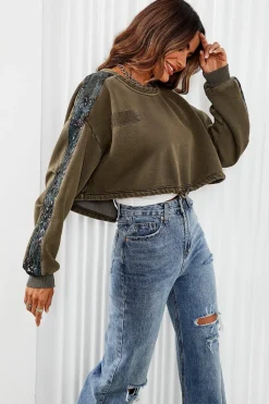Oversized Sequin Detail Cropped Sweatshirt In Khaki