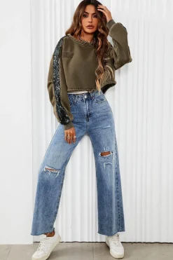 Oversized Sequin Detail Cropped Sweatshirt In Khaki