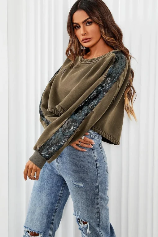 Oversized Sequin Detail Cropped Sweatshirt In Khaki
