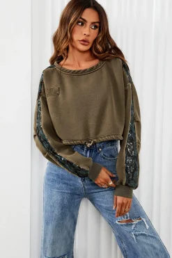 Oversized Sequin Detail Cropped Sweatshirt In Khaki