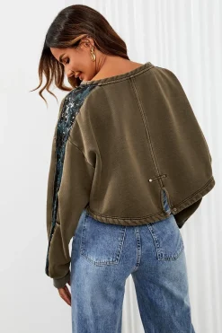 Oversized Sequin Detail Cropped Sweatshirt In Khaki