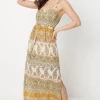 Paisley Patchwork Floral Printed Crinkle Strappy Belted Midi Dress