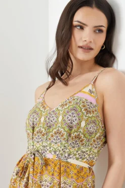 Paisley Patchwork Floral Printed Crinkle Strappy Belted Midi Dress