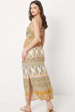 Paisley Patchwork Floral Printed Crinkle Strappy Belted Midi Dress