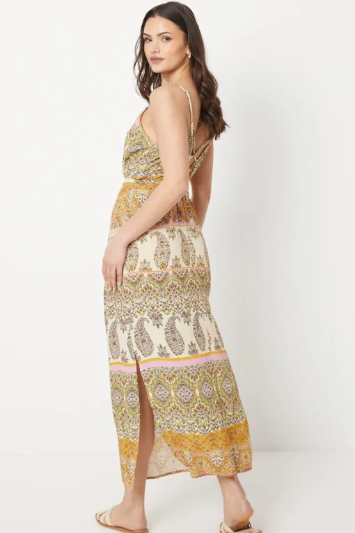 Paisley Patchwork Floral Printed Crinkle Strappy Belted Midi Dress
