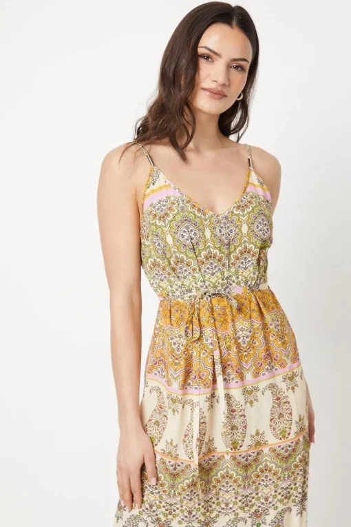 Paisley Patchwork Floral Printed Crinkle Strappy Belted Midi Dress