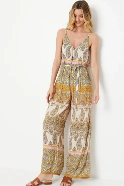 Paisley Patchwork Printed Crinkle Strappy Wide Leg Jumpsuit