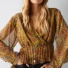 Paisley Print V Neck Pleat Hem Chiffon Blouse