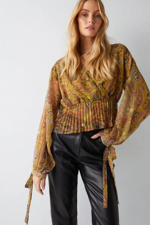 Paisley Print V Neck Pleat Hem Chiffon Blouse