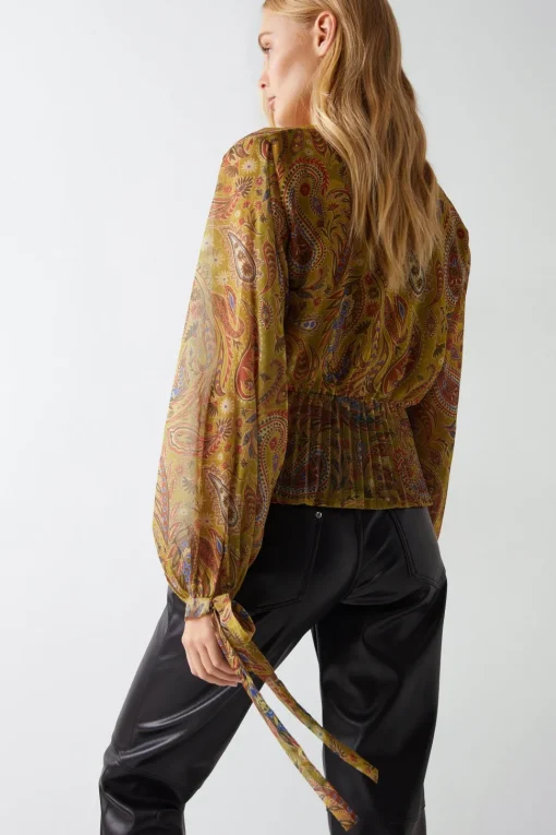 Paisley Print V Neck Pleat Hem Chiffon Blouse