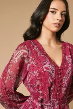Paisley Printed Lace Trim Tiered Belted Mini Dress