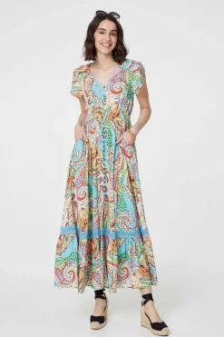 Paisley V-Neck Button Detail Maxi Dress