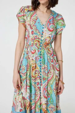 Paisley V-Neck Button Detail Maxi Dress