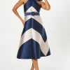 Panelled Colour Block Satin Twill Midi Wedding Guest Dress