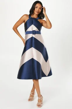 Panelled Colour Block Satin Twill Midi Wedding Guest Dress