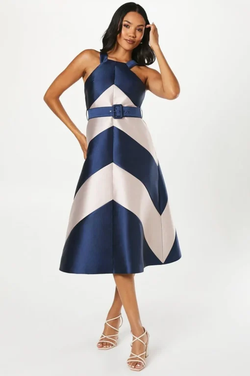Panelled Colour Block Satin Twill Midi Wedding Guest Dress