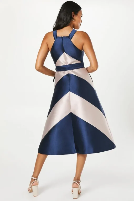 Panelled Colour Block Satin Twill Midi Wedding Guest Dress