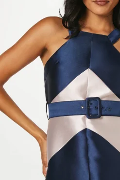 Panelled Colour Block Satin Twill Midi Wedding Guest Dress