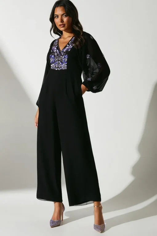 Party Embellished Long Sleeve Batwing Jumpsuit